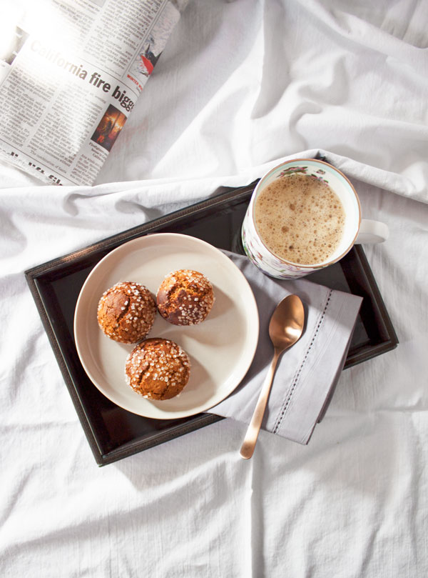 spiced chai ginger cookies with coffee and the morning newspaper, in bed