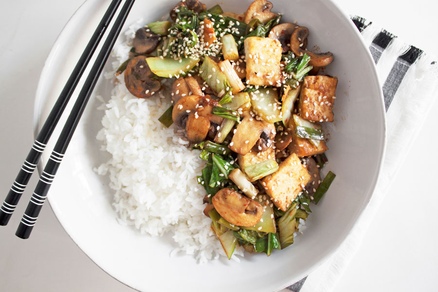 tofu, mushroom, and greens stir-fry