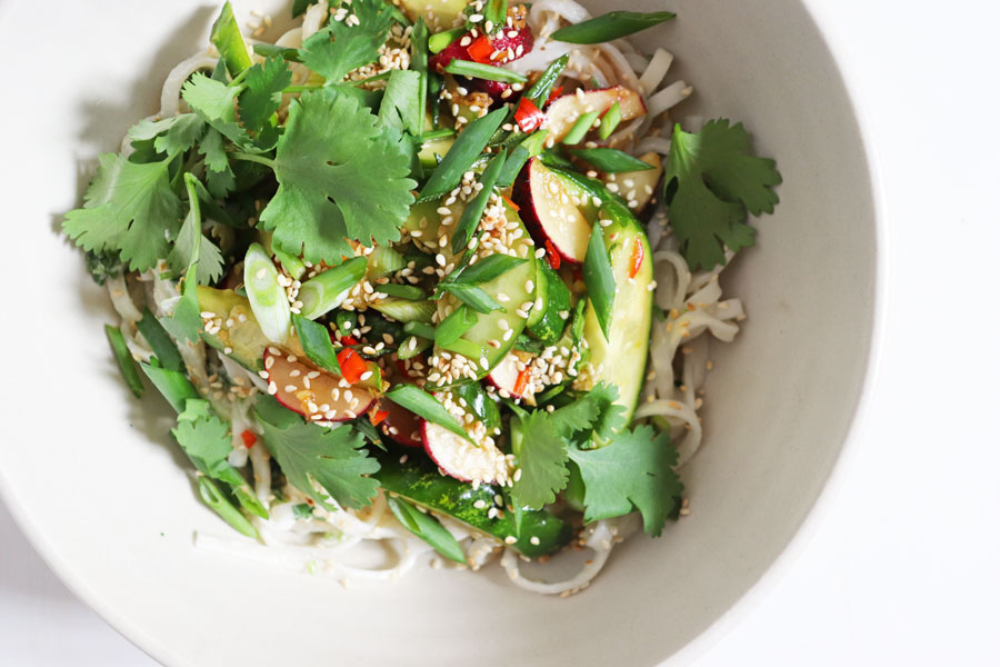 Udon Noodles Salad with Crunchy Veggies and Herbs in a Chilli Lime Dressing