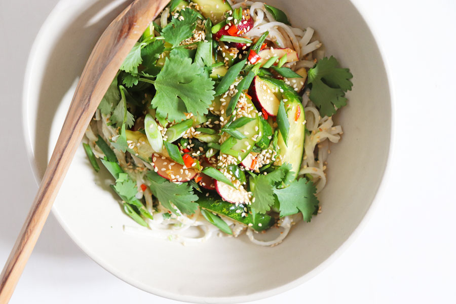 Udon Noodles Salad with Crunchy Veggies and Herbs in a Chilli Lime Dressing