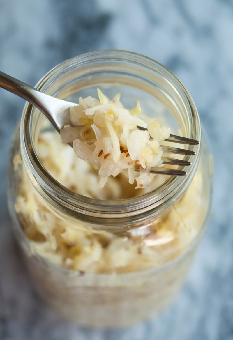 a fork of sauerkraut from a jar